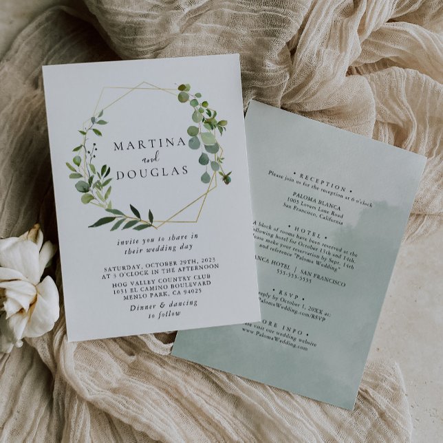 Invitation Eucalyptus vert géométrique Mariage avant et arriè (Créateur téléchargé)