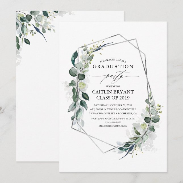 Invitation Eucalyptus Vert Géométrique Modernité Graduation (Devant / Derrière)