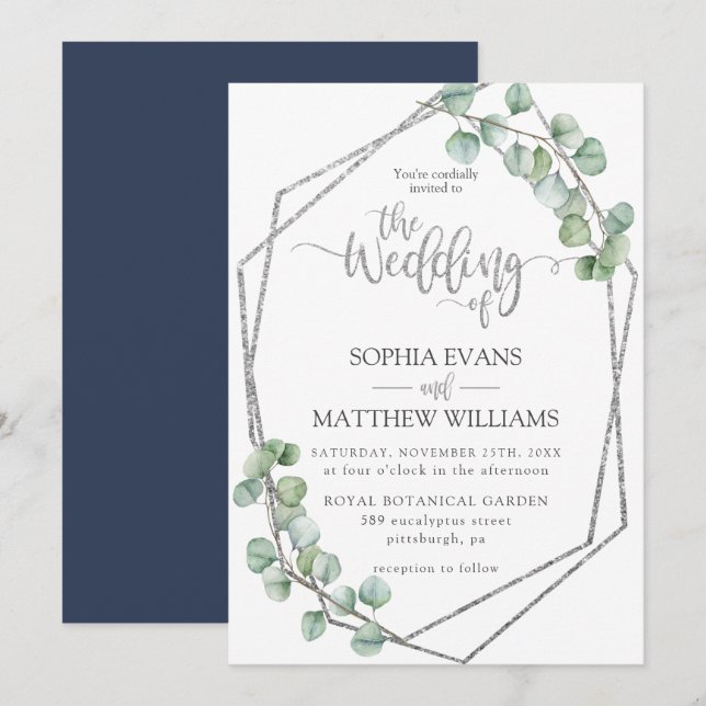 Invitation Eucalyptus Vert Mariage géométrique Argent (Devant / Derrière)