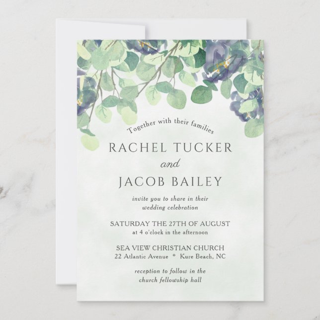 Invitation Eucalyptus Vert Marine bleu Mariage floral (Devant)