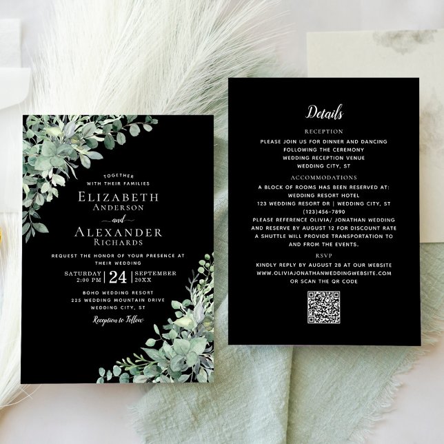 Invitation Eucalyptus Vert Noir Tout en un Mariage (Créateur téléchargé)
