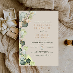 Invitation Eucalyptus Vert Taupe Beige Mariage or
