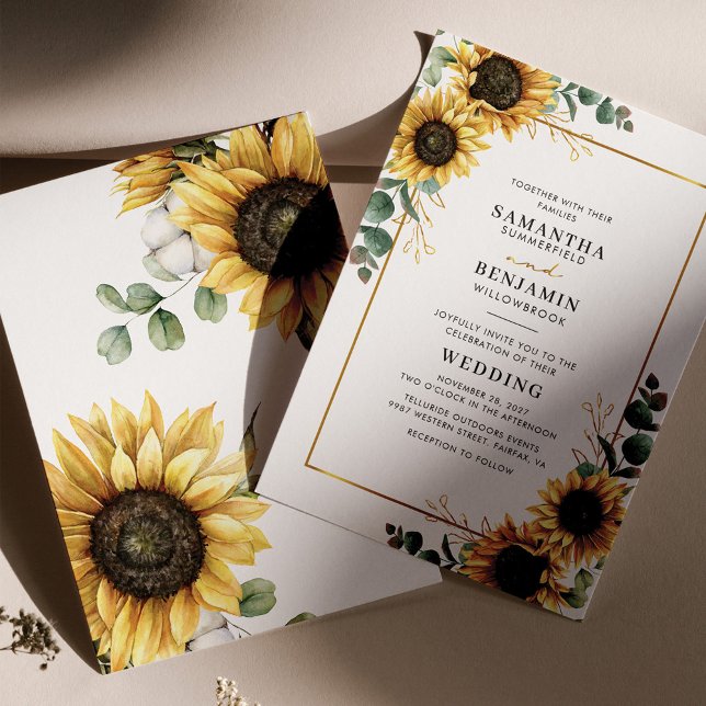 Invitation Eucalyptus Vert tournesol Mariage géométrique (Sunflower Eucalyptus Wedding Invitation Front and Back view)