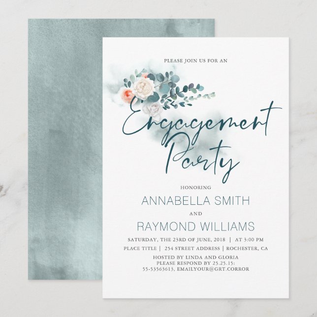 Invitation Eucalyptus | Watercolor Green Engagement Party (Devant / Derrière)