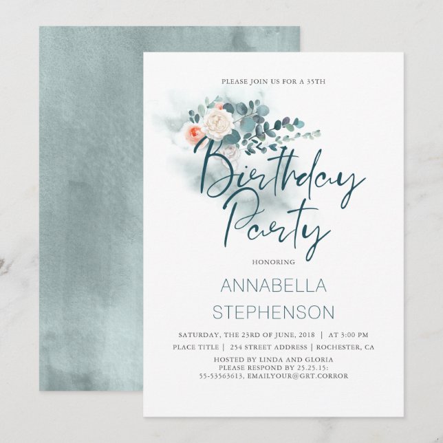 Invitation Eucalyptus | Watercolor Green Fête d'anniversaire (Devant / Derrière)