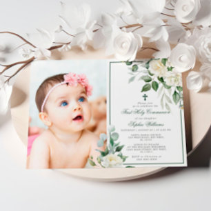 Invitation Eucalyptus White Photo Girl Première Sainte Commun