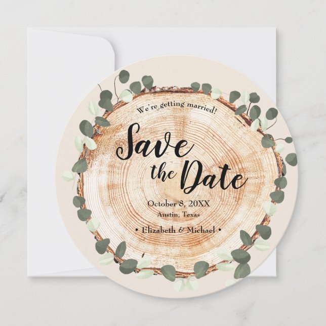 Invitation Eucalyptus Wood Cut Slice QR CODE Site Mariage (Devant)