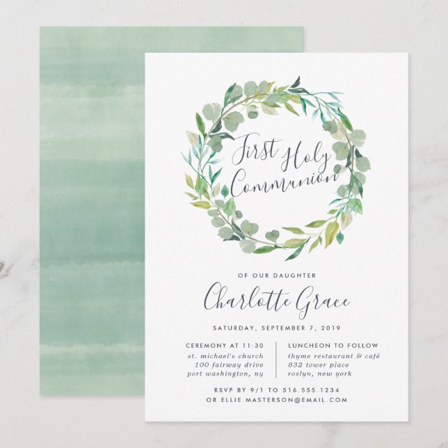 Invitation Eucalyptus Wreath Première communion sacrée Invita (Devant / Derrière)
