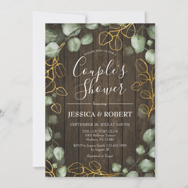 Invitation Eucalyptus Wreath Rustic Bois Couples Douche (Devant)