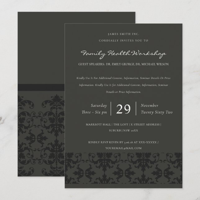INVITATION ÉVÉNEMENT D'ATELIER CLASSIQUE BLACK GRAY OFFICIEL  (Devant / Derrière)