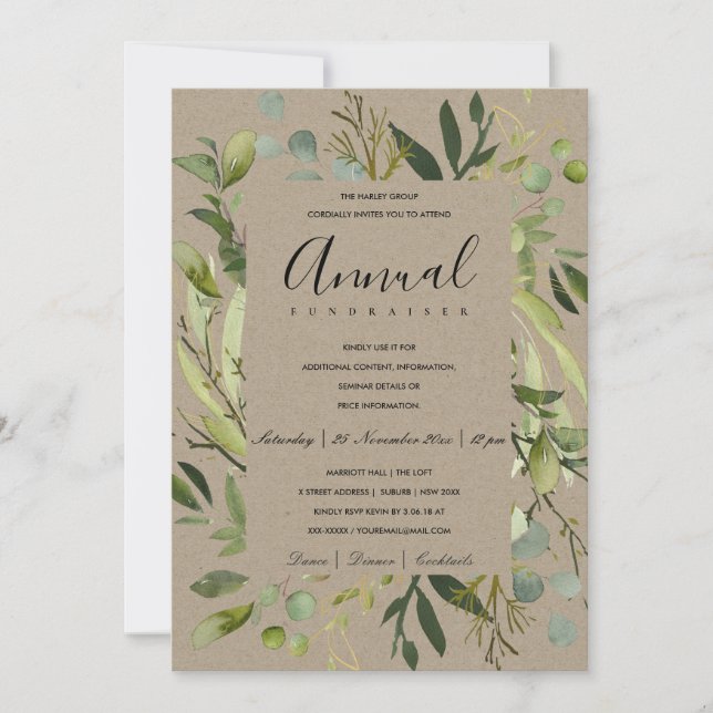 INVITATION ÉVÉNEMENT DE LA FÊTE LEAFY FRAME GREEN KRAFT CORPO (Devant)