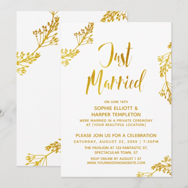 Invitation Événement de mariage Gold Botanical Just Married a (Devant / Derrière)