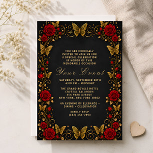 Invitation Événement Papillon Rose Rouge Or Noir Luxueux
