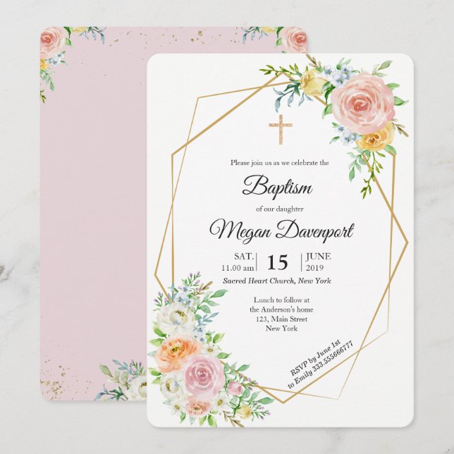 Invitation Événement religieux de baptême élégant rose floral (Devant / Derrière)