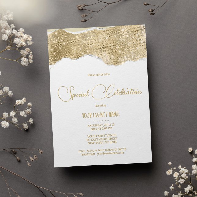 Invitation Événement spécial luxe blanc or argent paillettes (Luxury white gold silver glitter Special Event)