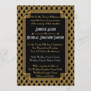 Invitation Éventails Art Déco à motif de faux or noir pour ma