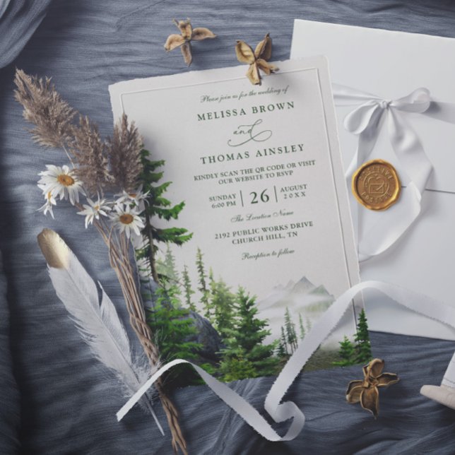 Invitation Evergreen Forest Rustic Mountain QR Code Wedding (Créateur téléchargé)