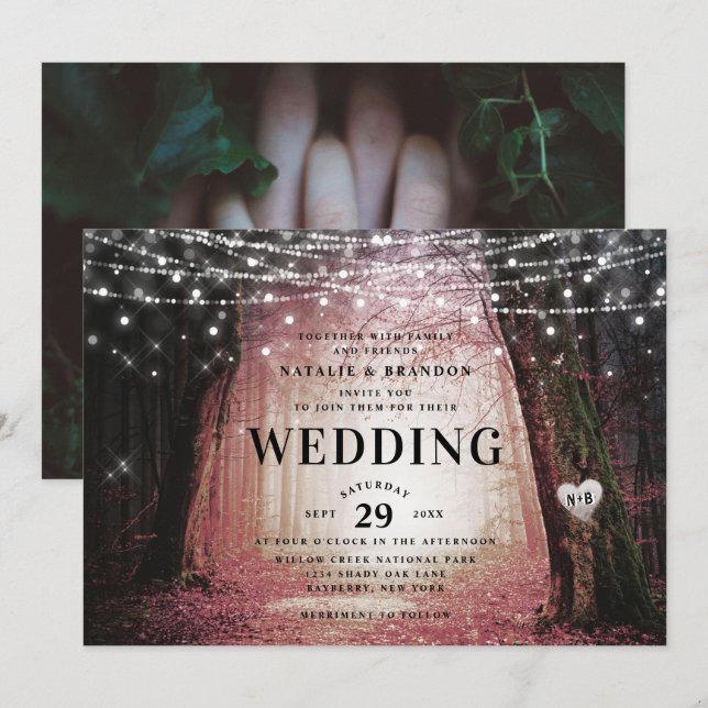 Invitation Evermore | Forêt de fée enchantée | Mariage rose (Devant / Derrière)