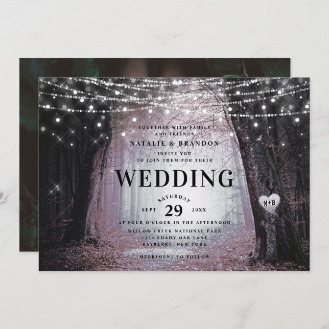 Invitation Evermore | Forêt de fée enchantée | Mauve Mariage (Devant / Derrière)