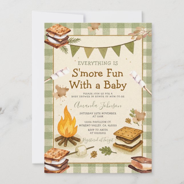 Invitation Everything S'more Fun Green Baby Shower Gingham (Devant)