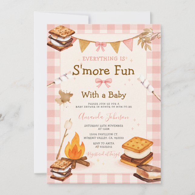 Invitation Everything S'more Fun Pink Baby Shower Gingham (Devant)