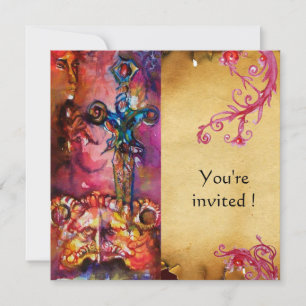 Invitation EXCALIBUR 3 , rouge vif , parchemin rose violet