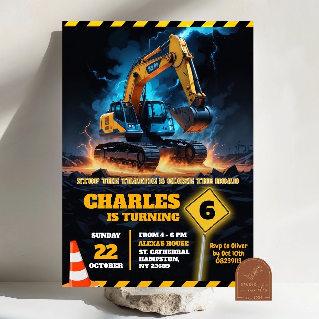 Invitation Excavateur en construction Anniversaire Garçon (Créateur téléchargé)