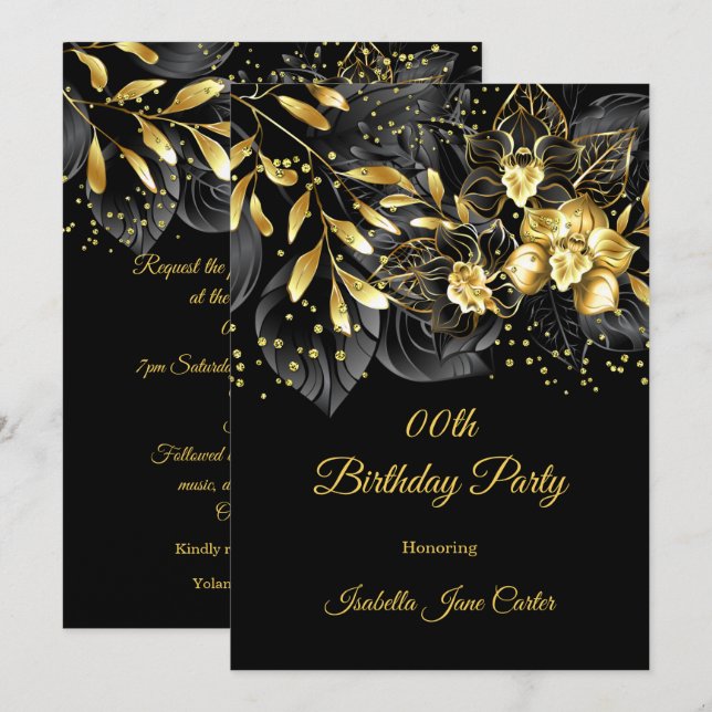 Invitation Exotic Black Floral Gold fête d'anniversaire (Devant / Derrière)