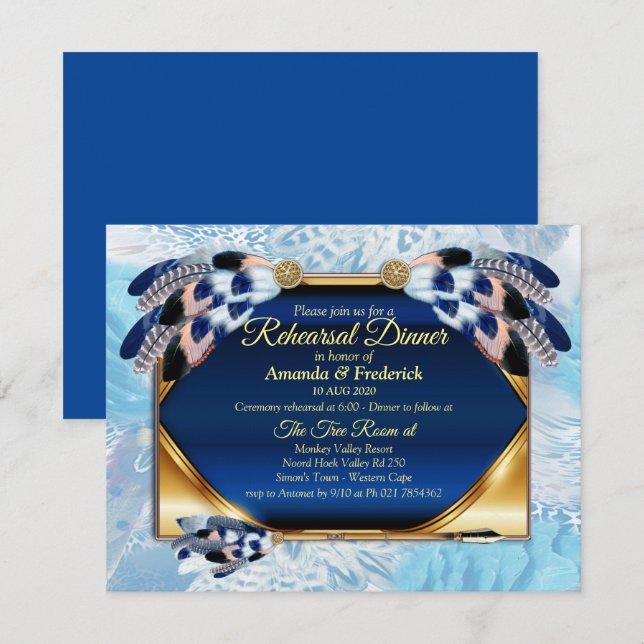 Invitation Exotic-Parrot Plumes de ton bleu Dîner de répétiti (Devant / Derrière)