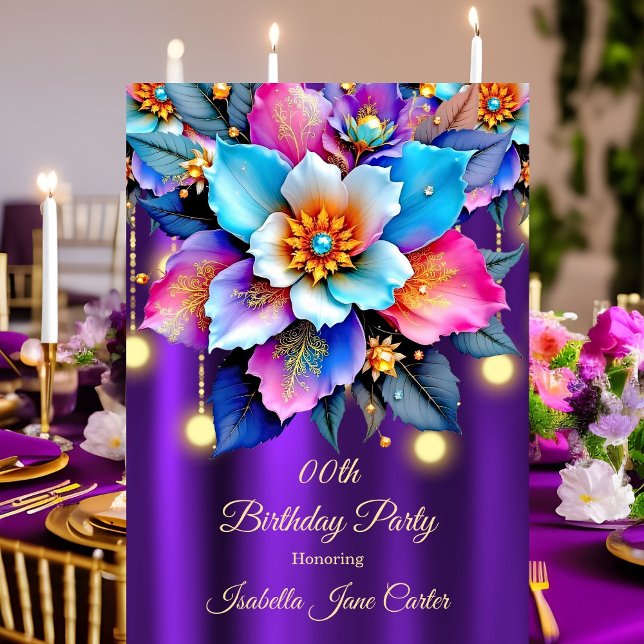 Invitation Exotic Purple Anniversaire Turquoise Rose Blue Flo (Créateur téléchargé)