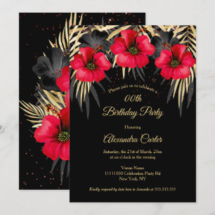 Invitation Exotic Red Black Gold Palms Floral Anniversaire