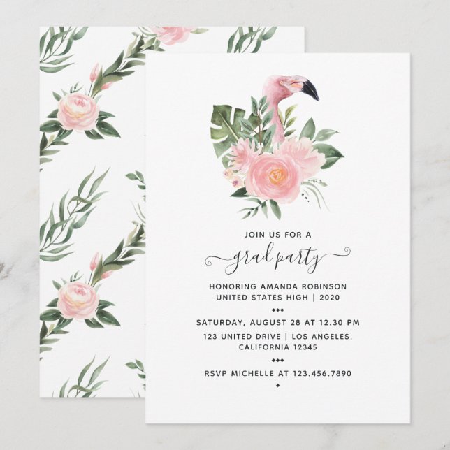 Invitation Exotic Tropical Flamant rose rose fête de graduati (Devant / Derrière)