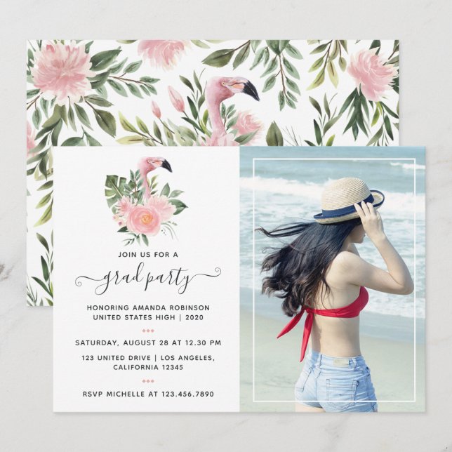Invitation Exotic Tropical Flamant rose rose fête de graduati (Devant / Derrière)