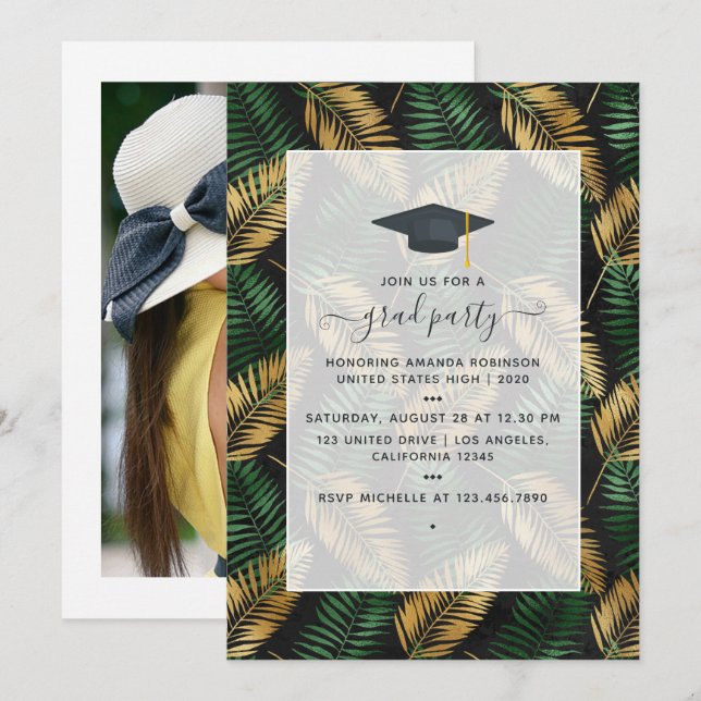 Invitation Exotic Tropical Green and Gold Graduation Party (Devant / Derrière)