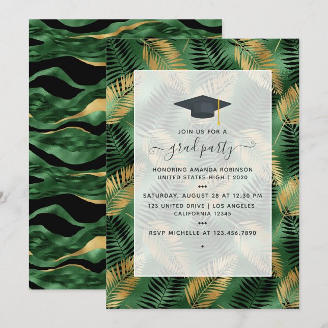 Invitation Exotic Tropical Green and Gold Graduation Party (Devant / Derrière)