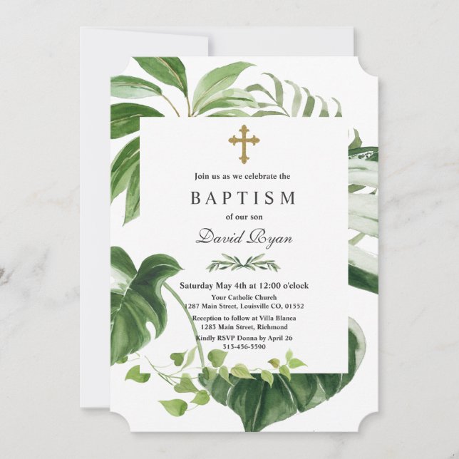 Invitation Exotique Tropical Feuille Gold Cross Boy Baptême (Devant)