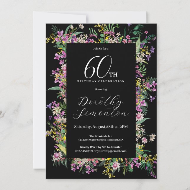 Invitation Exotique violet rose jaune Fleur sauvage 60e anniv (Devant)