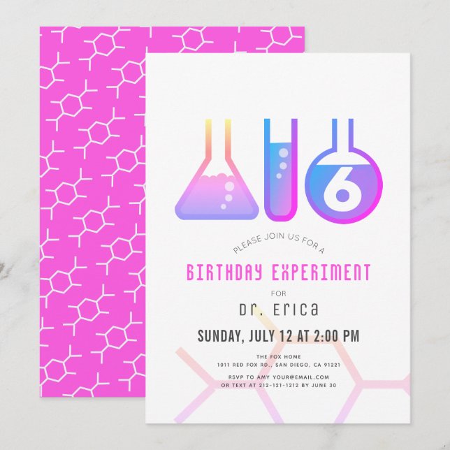 Invitation Expérience scientifique White & Neon Rose Girl Ann (Devant / Derrière)