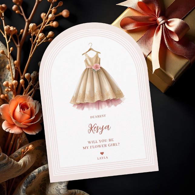 Invitation Exquise belle robe Flower en rose et or (Exquisite Lovely Flower Girl Dress in Pink & Faux Gold Proposal Cards with Corner Arch Style.)