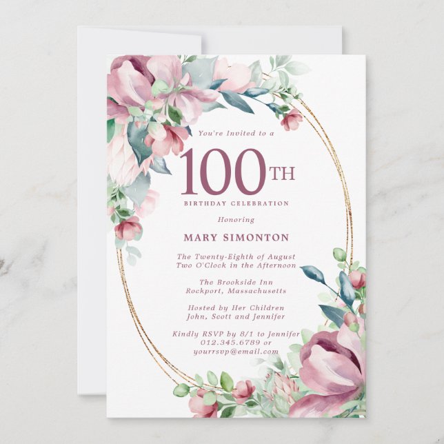 Invitation Exquise rose mauve floral 100e anniversaire (Devant)