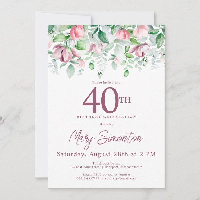 Invitation Exquise rose mauve Floral 40e anniversaire (Devant)