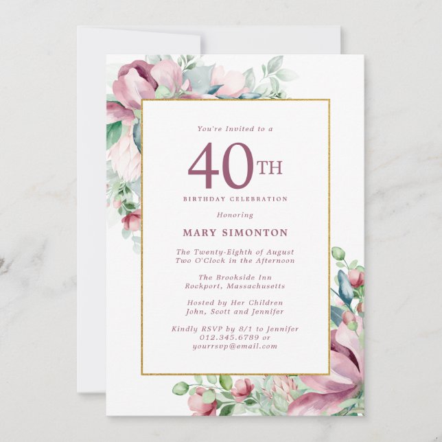 Invitation Exquise Rose Rose Floral 40e anniversaire (Devant)