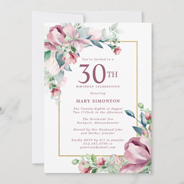 Invitation Exquise Rose rose florale 30e anniversaire (Devant)