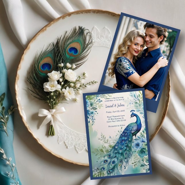 Invitation Exquisite Blue & Green Peacock Watercolor Photo  (Exquisite Blue & Green Peacock Watercolor Effect On Floral Garden Photo Wedding Invitations Cards.)