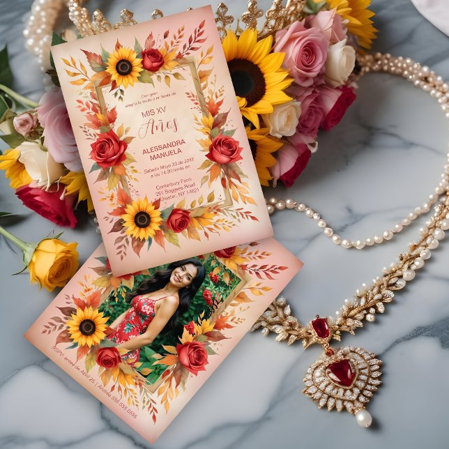 Invitation Exquisite Botanical Floral Frame Spanish Photo XVs (Exquisite Botanical Floral Frame Spanish Photo Mis XV Invitations Cards.)