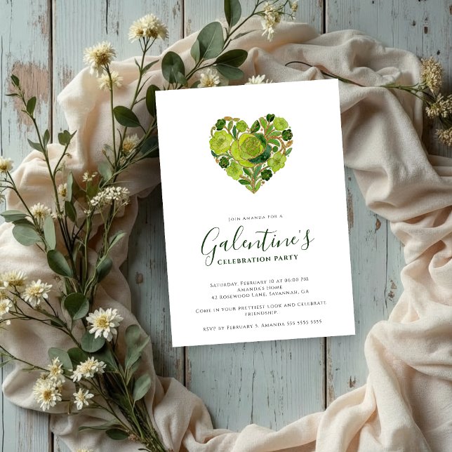 Invitation Exquisite Green Floral Heart Galentine's Day (Exquisite Floral Heart Galentine's Day Party Invitation Cards for Your Best Friends in Green Shades.)