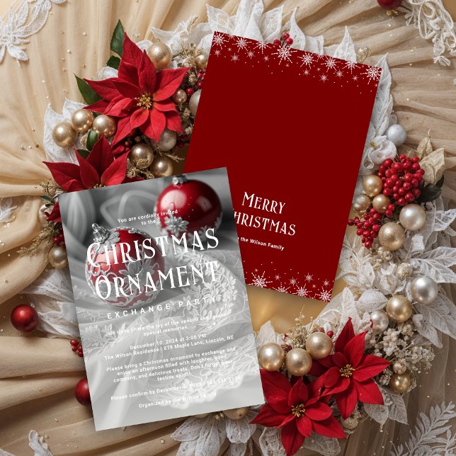 Invitation Exquisite Grey Shades & Red Christmas Ornament  (Exquisite Grey Shades & Red Christmas Ornament Exchange Party Invitations Cards.)