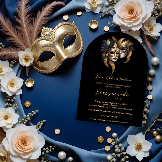 Invitation Exquisite Masquerade Masks Gold Effect Accents  (Exquisite Masquerade Masks with Gold Effect Accents Masquerade Ball Invitation Cards.)