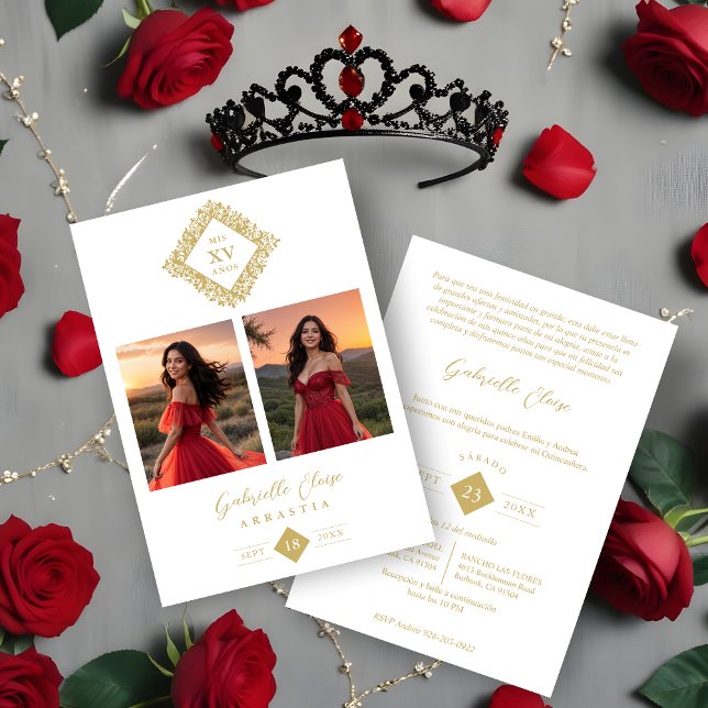 Invitation Exquisite Modern Floral Diamond Shape Mis XV Años (Exquisite Modern Floral Diamond Shape Mis XV Años Anagram 2 Photos Collage Invitation.)