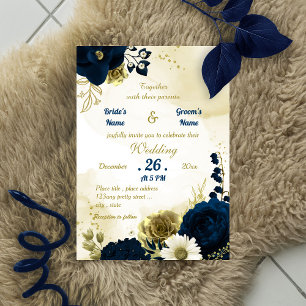 Invitation Extraordinaire marine bleu ivoire fleurs or